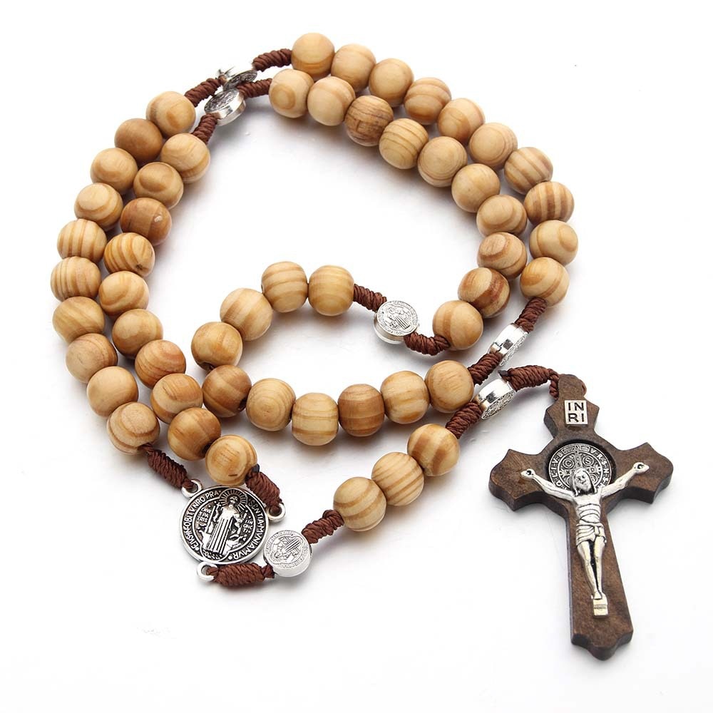 Catholic Brown Wooden Rosary Beads Orthodox Cross Woven Rope Necklace - Self-Improvement Lions Den