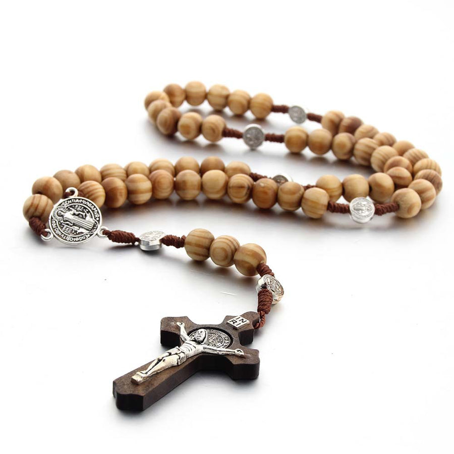 Catholic Brown Wooden Rosary Beads Orthodox Cross Woven Rope Necklace - Self-Improvement Lions Den