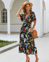 Floral Printed A-Line Deep Ruched V-Neck Short Sleeve Midi Dress - Self-Improvement Lions Den