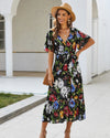 Floral Printed A-Line Deep Ruched V-Neck Short Sleeve Midi Dress - Self-Improvement Lions Den