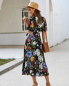 Floral Printed A-Line Deep Ruched V-Neck Short Sleeve Midi Dress - Self-Improvement Lions Den