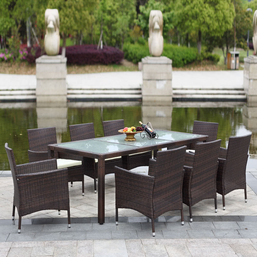 9PCS Rattan Outdoor Patio Dinning Table Set Dark Brown + Beige Cushion - Self-Improvement Lions Den