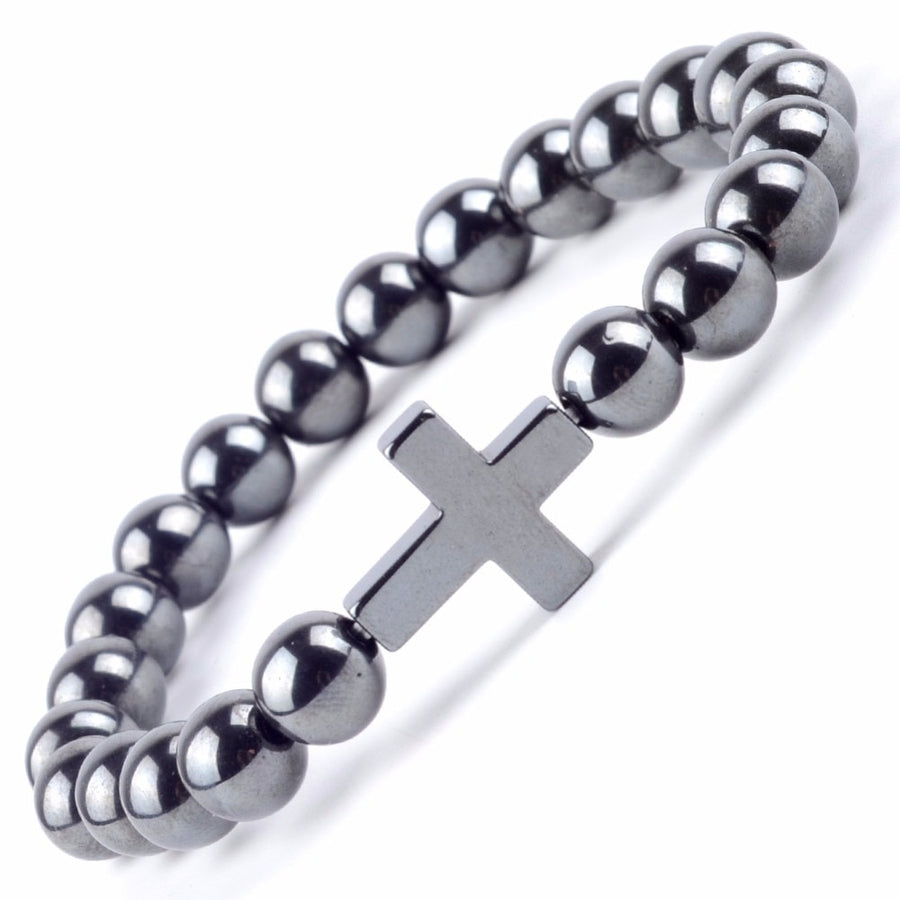 Natural Hematite Stone Cross Charm Bracelet - Self-Improvement Lions Den